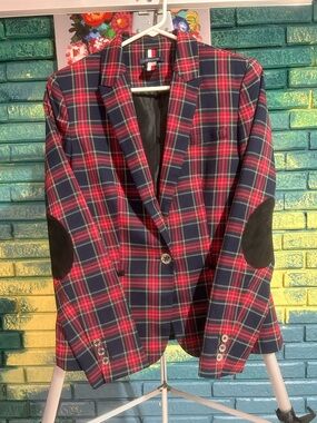 Tommy Hilfiger Red & Navy Plaid Blazer with Elbow Patches equestrian classic 10